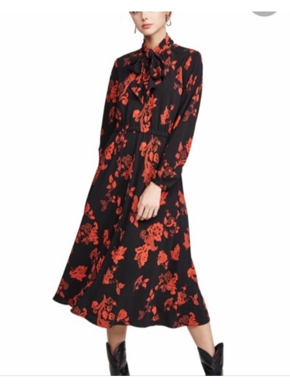 Tory Burch Black with Red Floral Tie-Neck Midi Dress